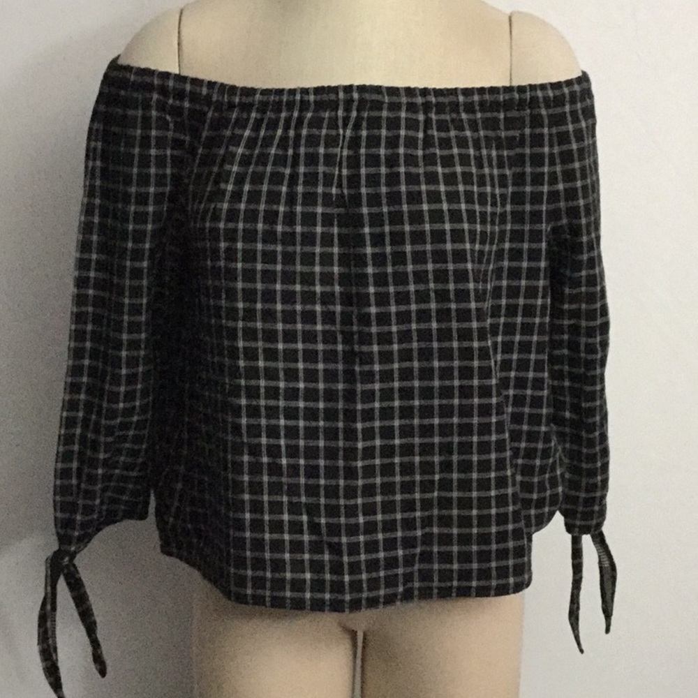 NWT Madewell Windowpane Off the Shoulder Top Medium Blank & White